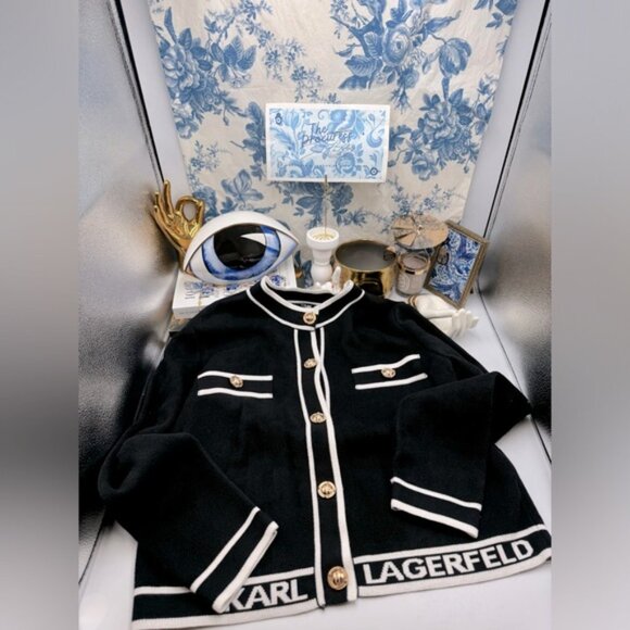🆕 KARL LAGERFELD 🧿 NWT Classic Cardigan with Logo Embroidery & Buttons, Sz M - Picture 2 of 13